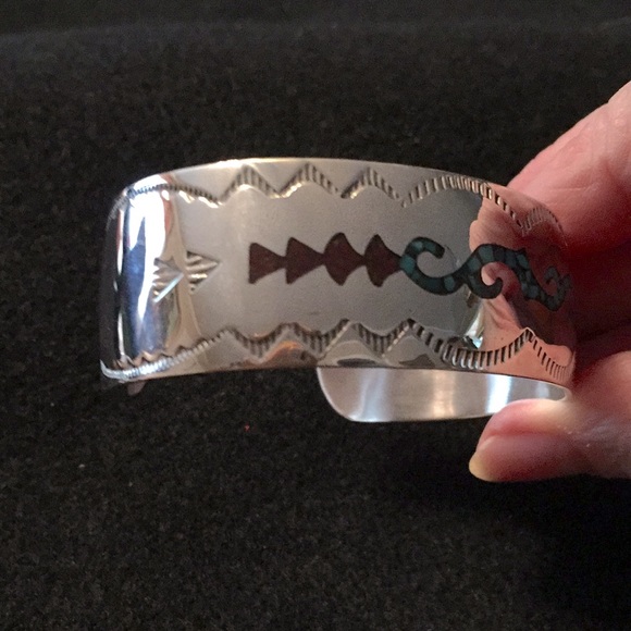 Coral & Turquoise Inlaid Cuff Bracelet - Picture 3 of 4